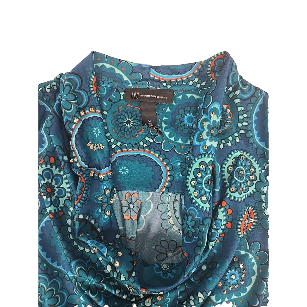 International Consept Womens Blouse Blues Cowl Neck Sleeveless Sequined Size M
